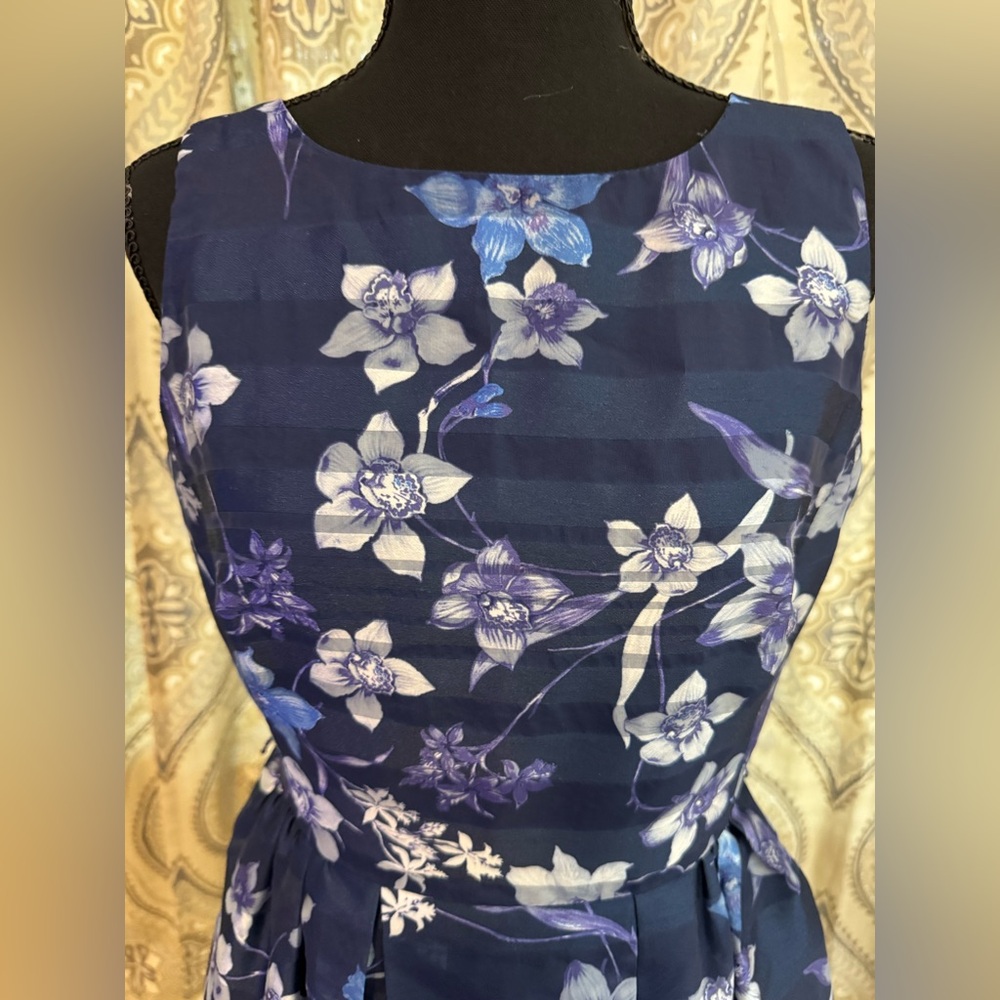 Danny & Nicole Navy Blue Floral Fit & Flare Dress Petite 6P Wedding Guest - Picture 2 of 7